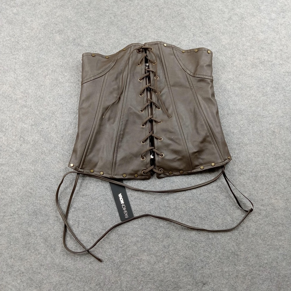 Fashion Nova Corset Top Womens Small Brown Faux Leather Lace Up Zip Studded
